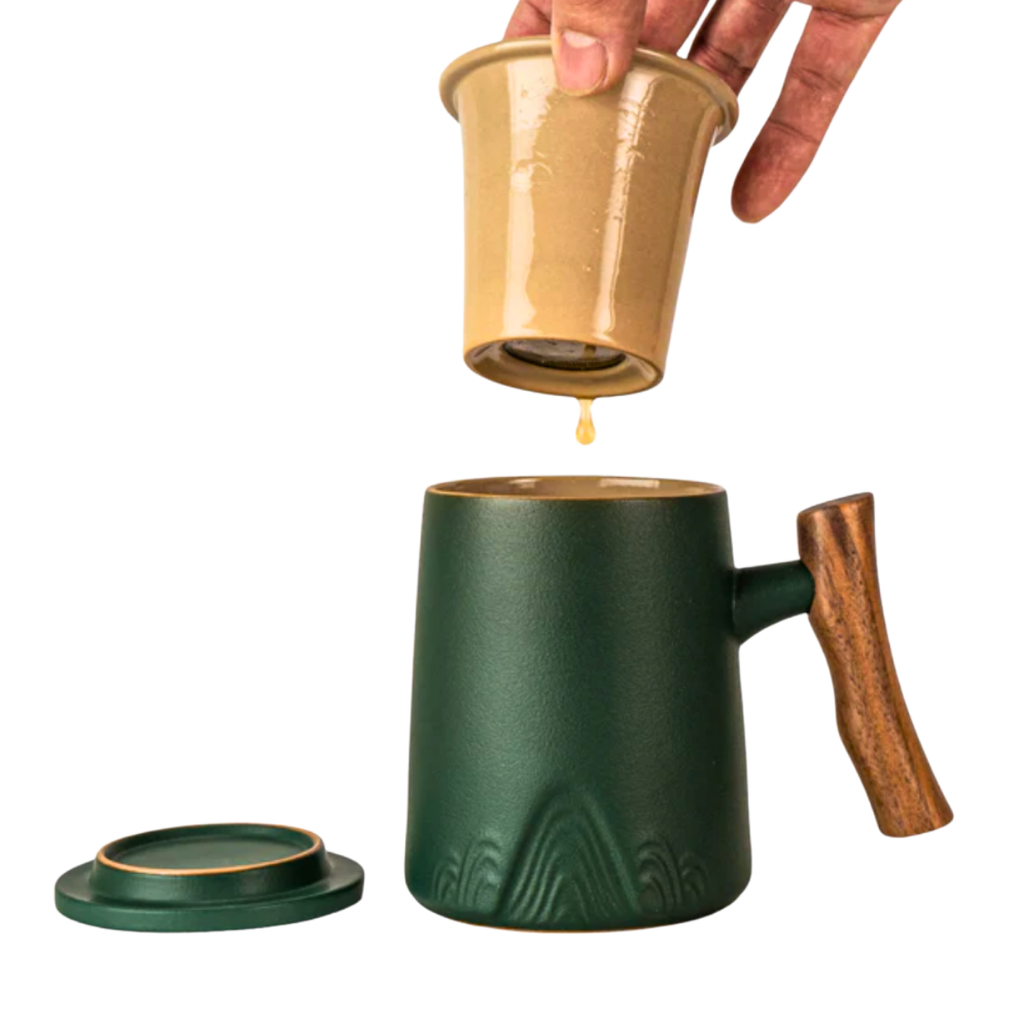 Porcelain Tea Infuser Mug — Mountain Green | Complete Brewing Set