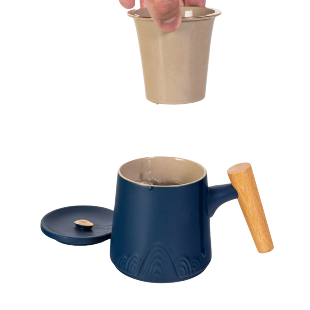 Ceramic Mug, Infuser & Lid with Slanted Wooden Handle | 12 fl oz