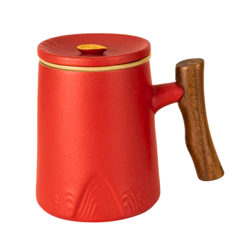 Porcelain Tea Infuser Mug — Crimson Summit | Complete Brewing Set