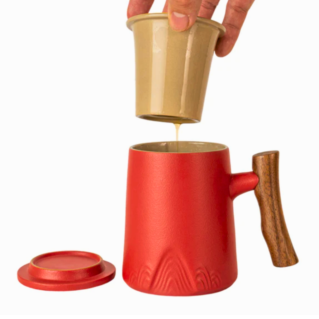 Porcelain Tea Infuser Mug — Crimson Summit | Complete Brewing Set