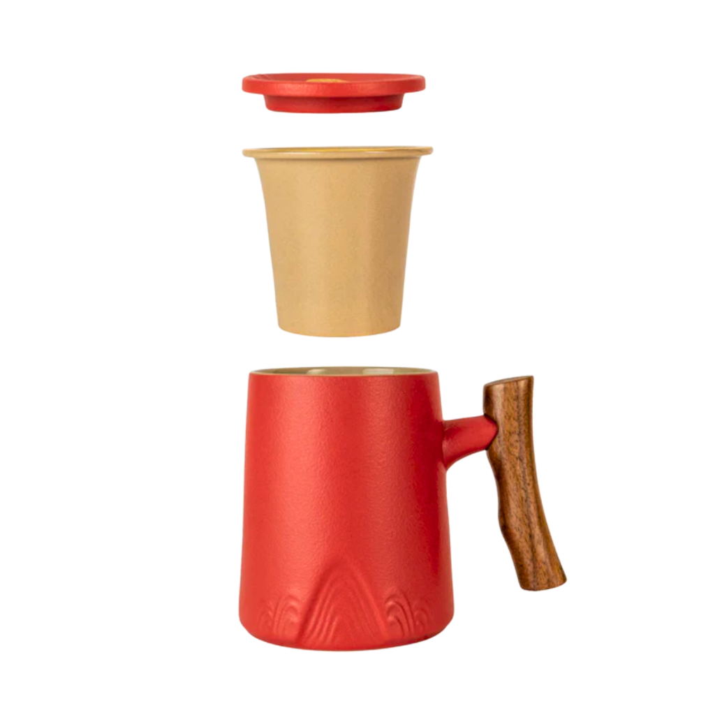 Porcelain Tea Infuser Mug — Crimson Summit | Complete Brewing Set