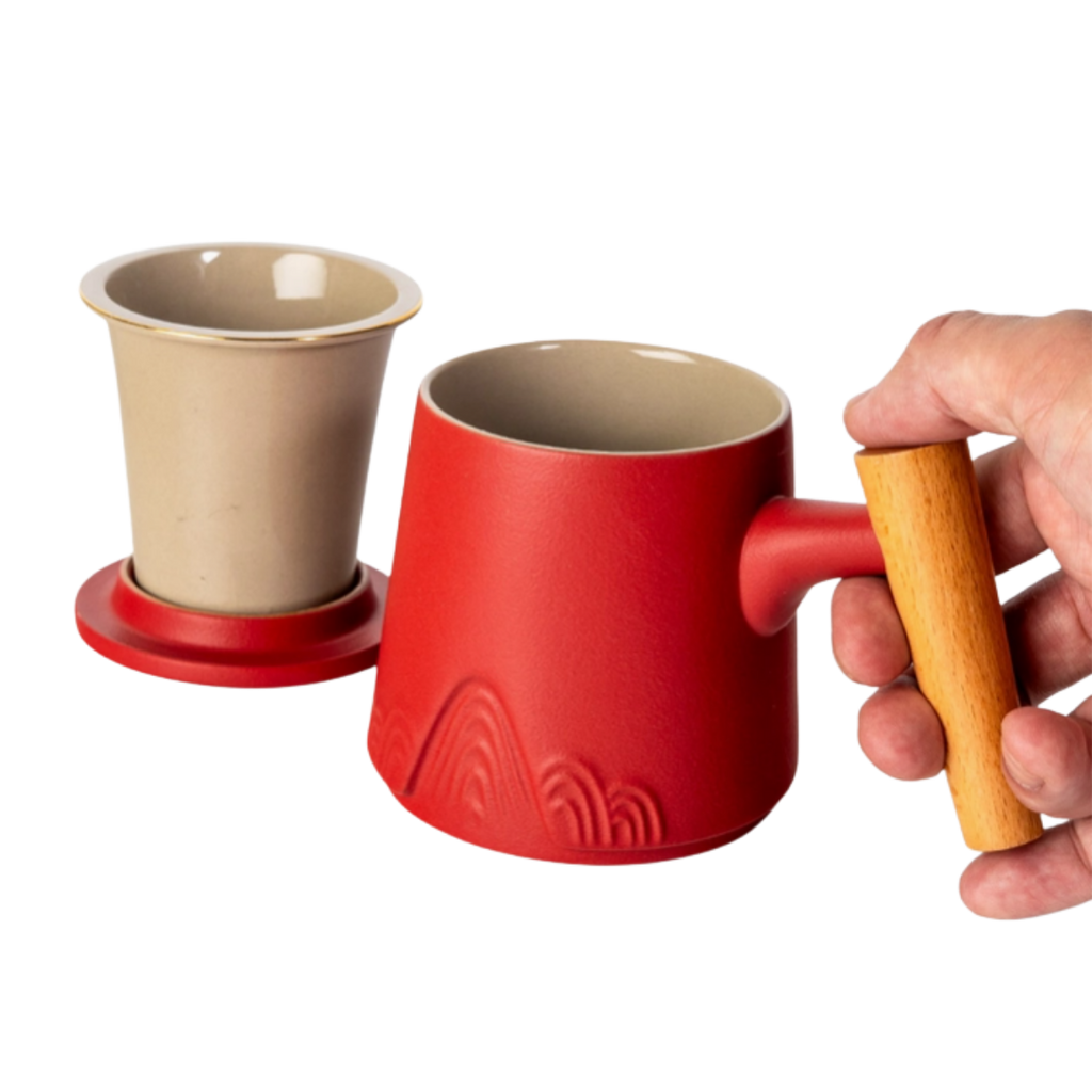 Ceramic Mug, Infuser & Lid with Slanted Wooden Handle | 12 fl oz