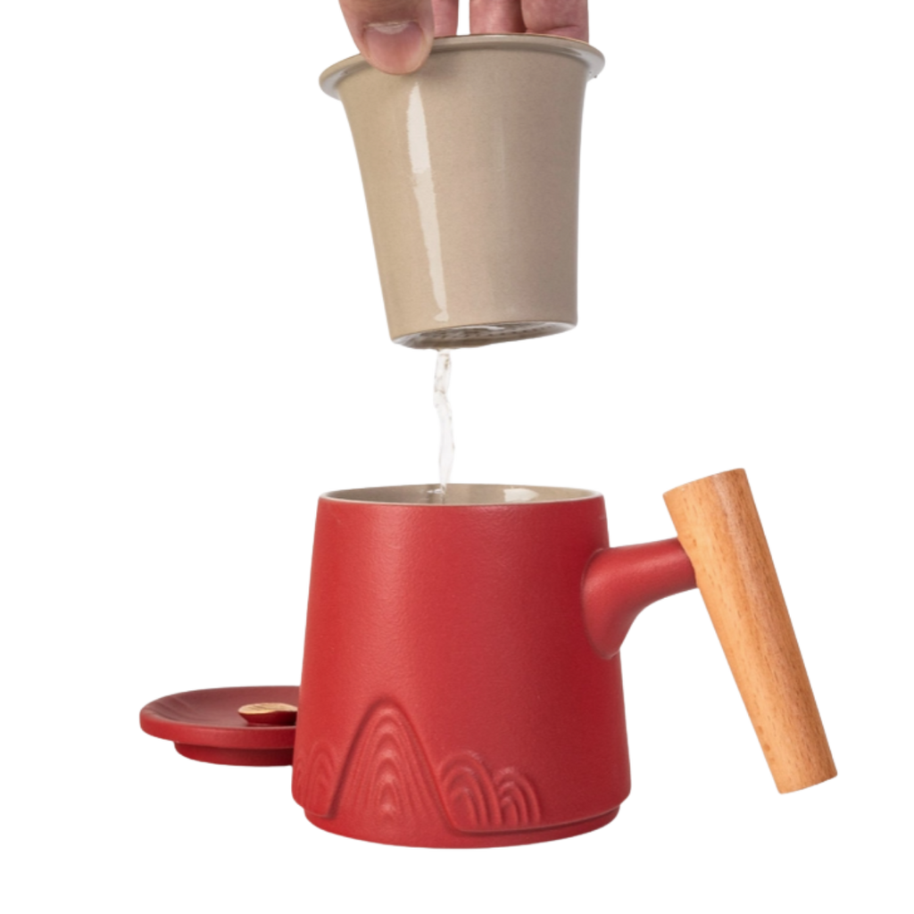 Ceramic Mug, Infuser & Lid with Slanted Wooden Handle | 12 fl oz