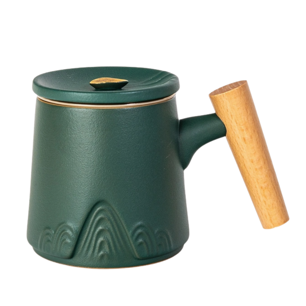 Ceramic Mug, Infuser & Lid with Slanted Wooden Handle | 12 fl oz