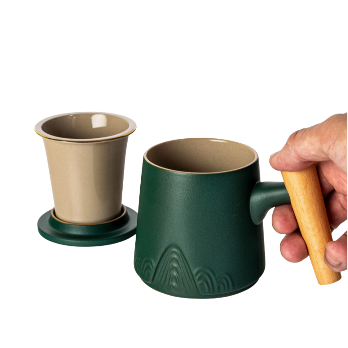 Ceramic Mug, Infuser & Lid with Slanted Wooden Handle | 12 fl oz