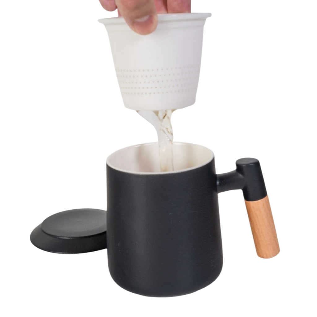 Ceramic Tea Mug, Infused & Lid with Wooden Handle | 15 fl oz