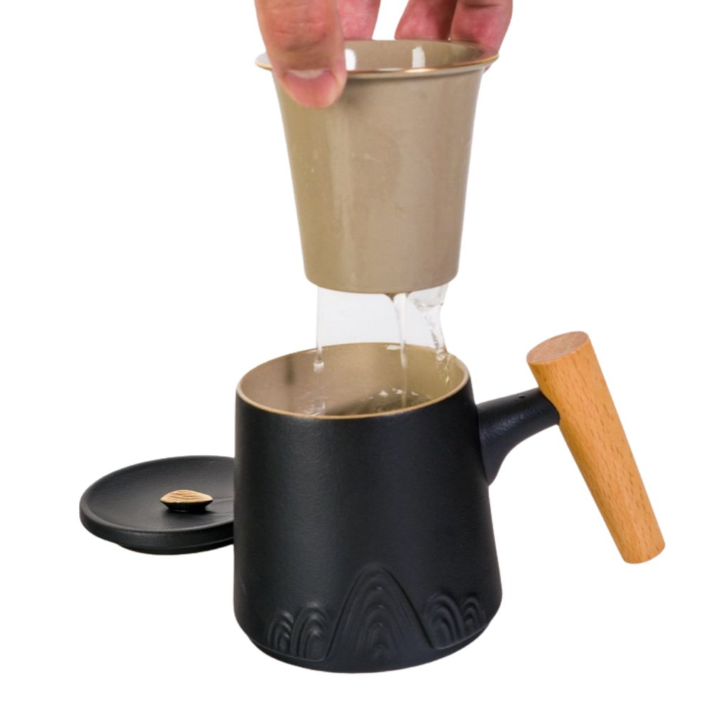 Ceramic Mug, Infuser & Lid with Slanted Wooden Handle | 12 fl oz