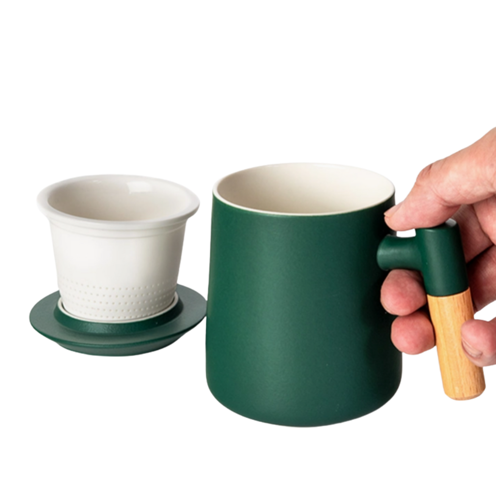 Ceramic Tea Mug, Infused & Lid with Wooden Handle | 15 fl oz