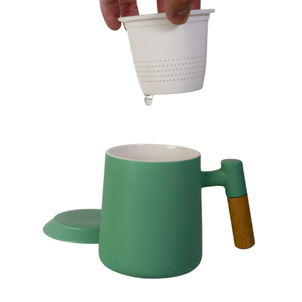 Ceramic Tea Mug, Infused & Lid with Wooden Handle | 15 fl oz