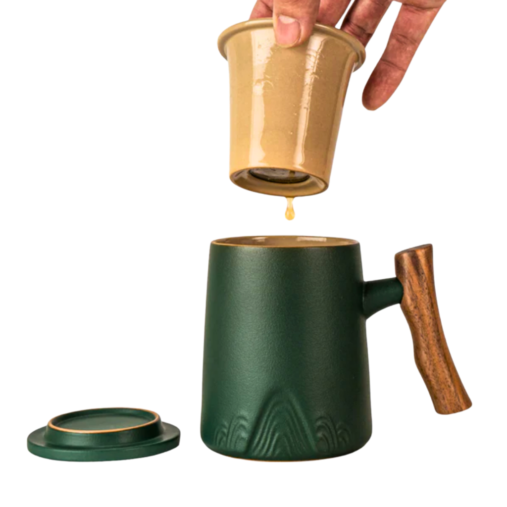 Ceramic Mug, Infuser & Lid with Wooden Handle