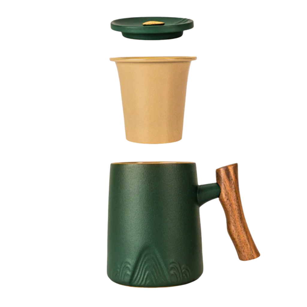 Ceramic Mug, Infuser & Lid with Wooden Handle