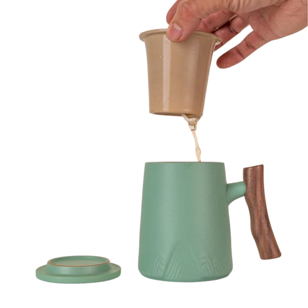 Ceramic Mug, Infuser & Lid with Wooden Handle