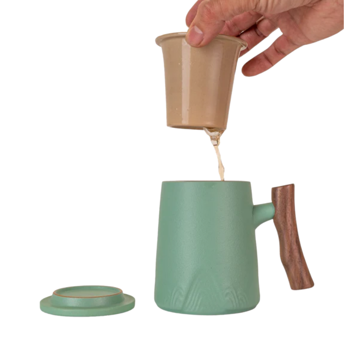 Ceramic Mug, Infuser & Lid with Wooden Handle