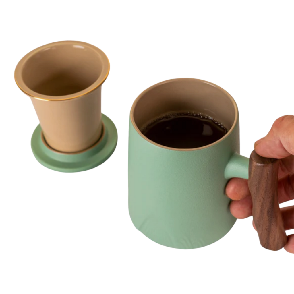 Ceramic Mug, Infuser & Lid with Wooden Handle