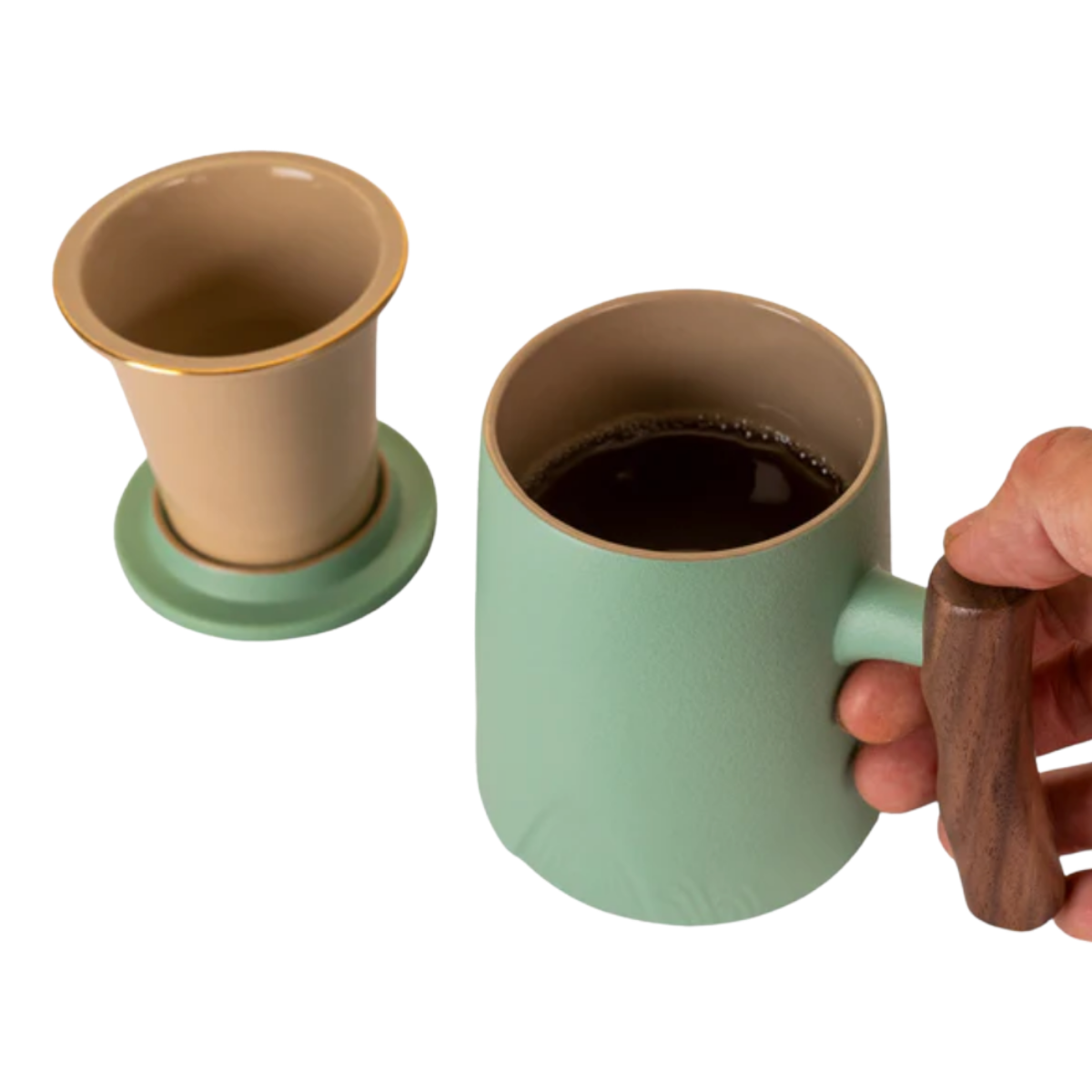 Ceramic Mug, Infuser & Lid with Wooden Handle