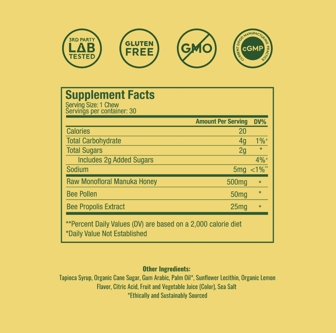 WonderBee Superfood Honey Chews - Raw Manuka Honey, Bee Pollen & Propolis