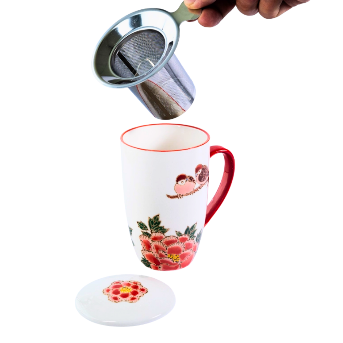 Mug with Stainless Steel Infuser | Twin Sparrows Peonies | 15 fl oz