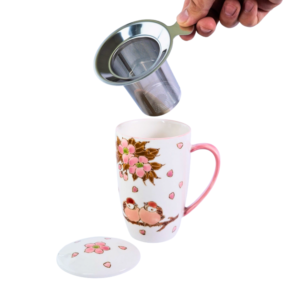 Mug with Stainless Steel Infuser | Twin Sparrows Sakura | 15 fl oz