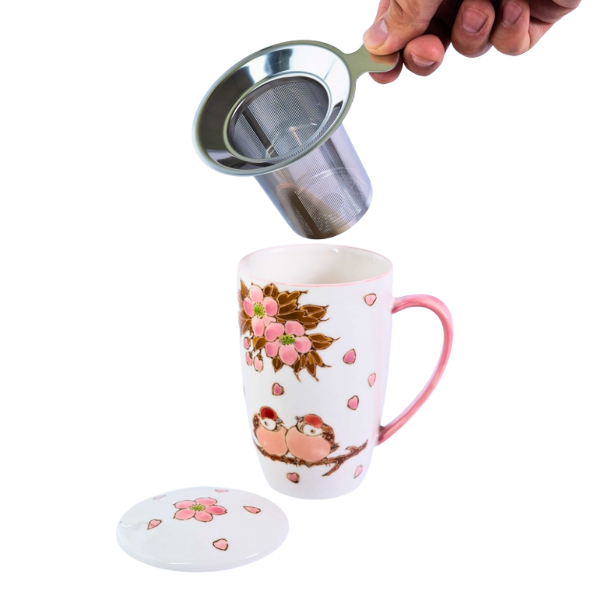 Mug with Stainless Steel Infuser | Twin Sparrows Sakura | 15 fl oz